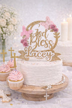 Baptism Cake Topper | God Bless Cake Topper with Name | Butterfly Floral Christening Decoration | Custom Religious Birthday Decor