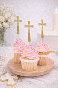 Gold Cross Cupcake Toppers – Baptism Cupcake Picks – Religious Cupcake Decorations – Christening Party Decor – Communion Dessert Toppers