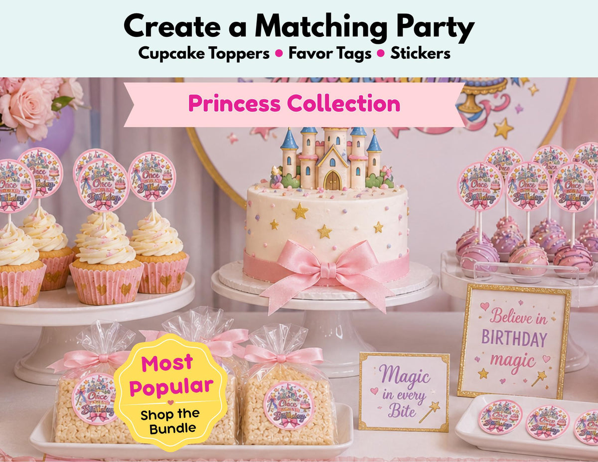 Princess Birthday Party Decorations, Once Upon a Birthday Cupcake Toppers, Favor Tags, Stickers, Fairytale Castle Party Decor