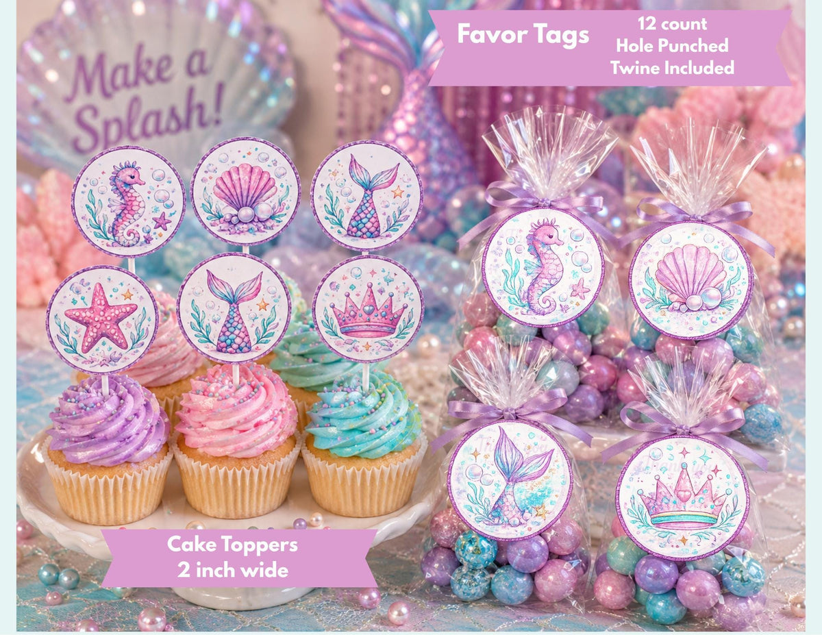 Mermaid Cupcake Toppers & Favor Tags | Mermaid Birthday Decorations | 12 Pack Cupcake Toppers | Mermaid Party Favor Tags