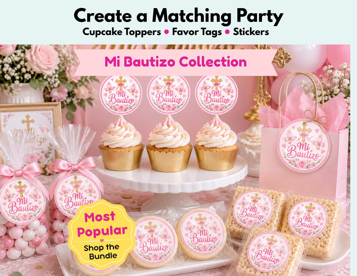 Mi Bautizo Cupcake Toppers, Favor Tags & Stickers | Pink Baptism Party Decorations | Baptism Dessert Table Decor | Girl Baptism Favors