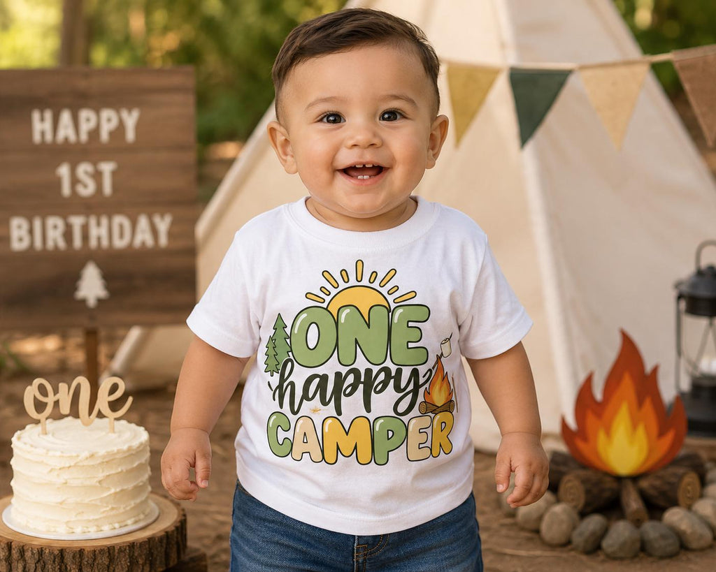 One Happy Camper Birthday Shirt, First Birthday Boy Shirt, Camping 1st Birthday Outfit, One Happy Camper Shirt, Woodland Birthday Tee