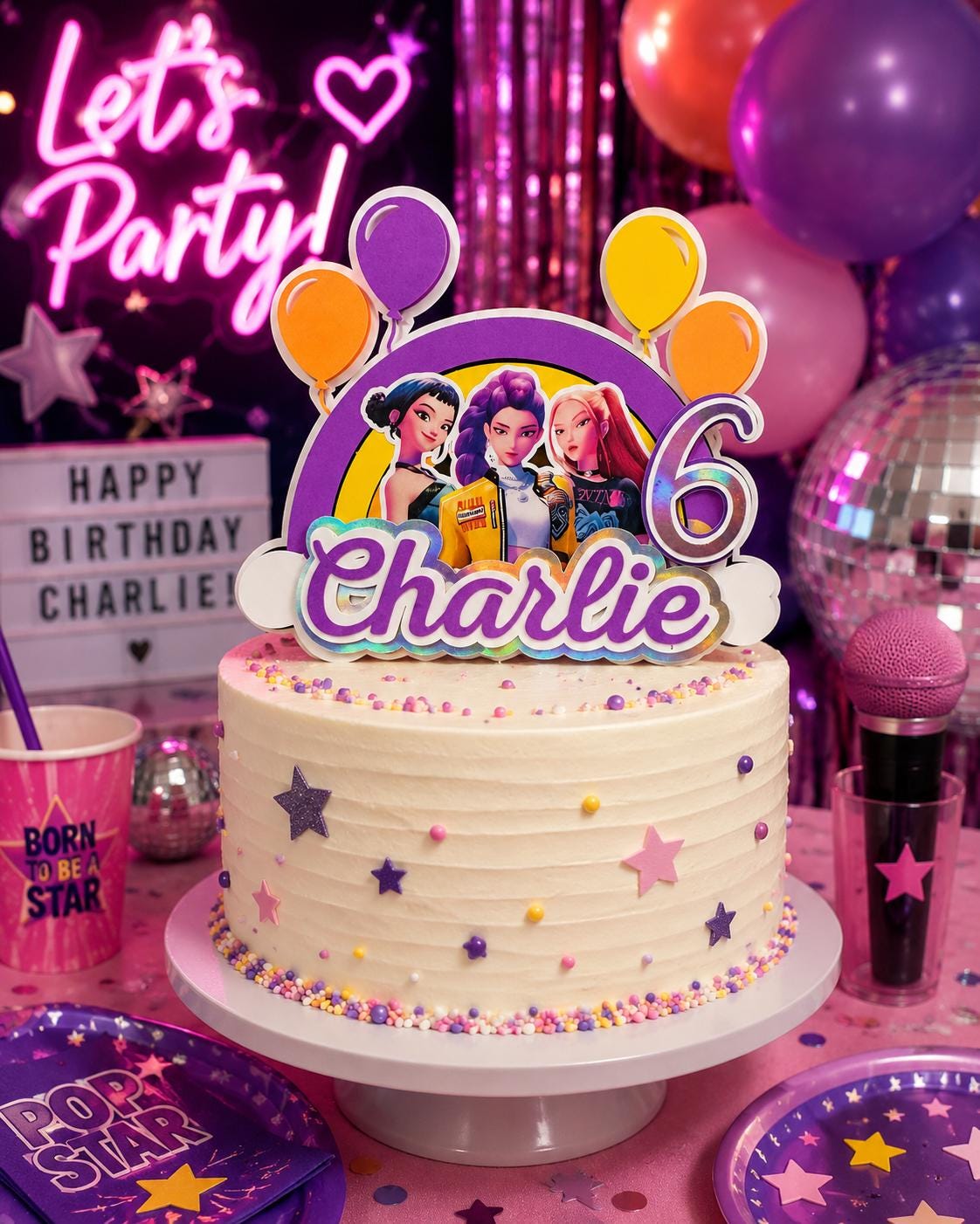 Custom Girl Pop Star Cake Topper | Personalized Name & Age Birthday Cake Topper | Music Birthday Party Decoration | Layered Cake Topper