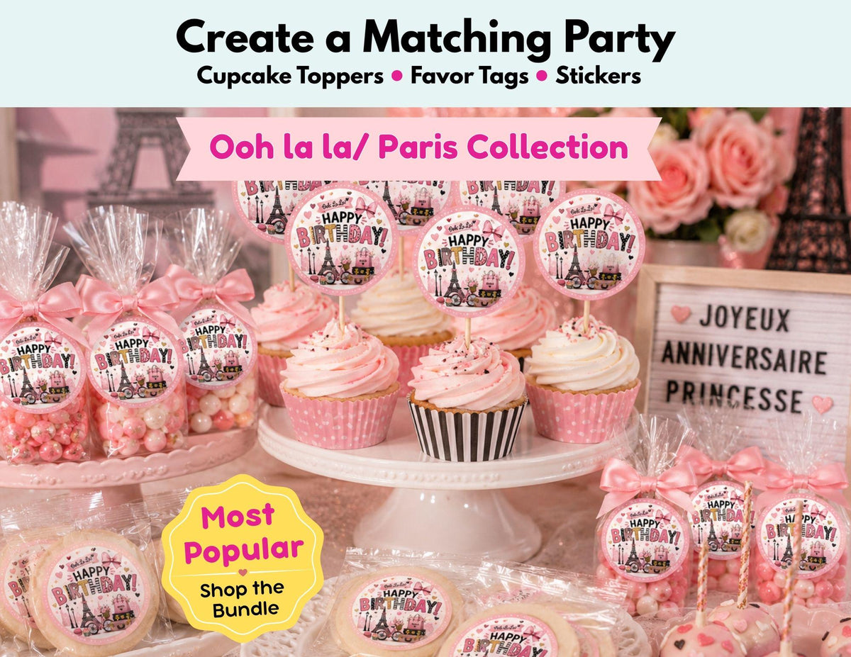 Paris Birthday Party Decorations, Paris Cupcake Toppers, Paris Birthday Stickers, Paris Favor Tags, Pink Paris Party Supplies for Girls