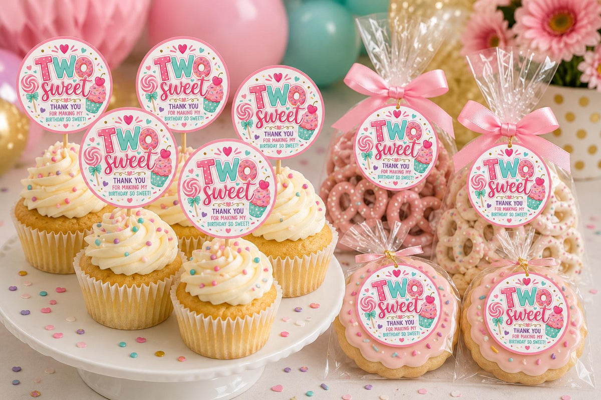 Two Sweet Cupcake Toppers & Party Favor Tags | 2" Birthday Cupcake Picks | Two Sweet Birthday Stickers | Candy Birthday Party Decor