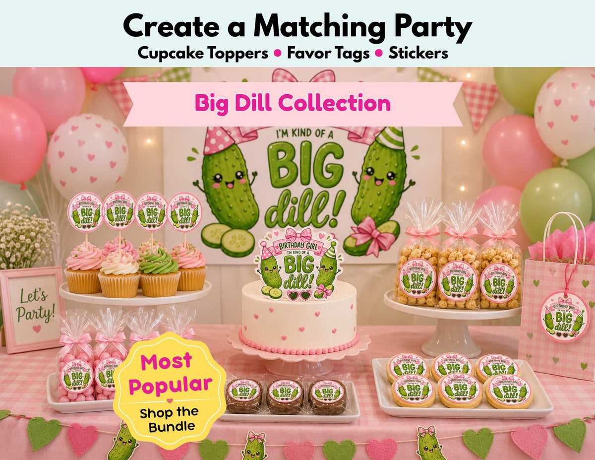 Pickle Birthday Party Decorations, Pickle Cupcake Toppers, Birthday Favor Tags, Pickle Stickers, Big Dill Birthday Party Decor