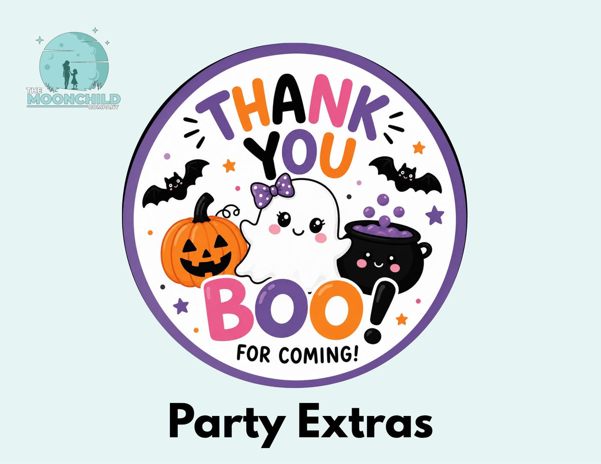 Thank you Boo Birthday Cupcake Toppers, Favor Tags & Stickers | Cute Halloween Birthday Party Decor | Ghost Party Favors | Halloween Party