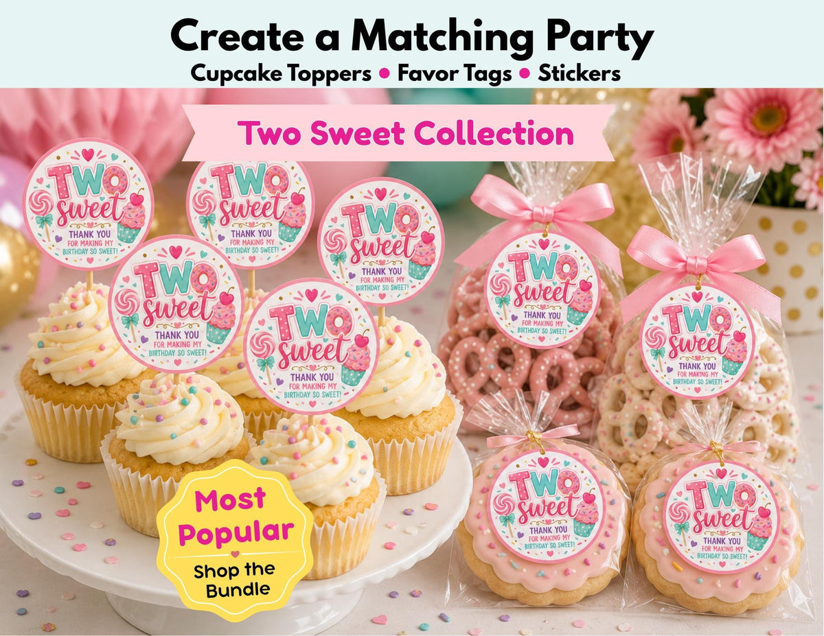 Two Sweet Cupcake Toppers & Party Favor Tags | 2" Birthday Cupcake Picks | Two Sweet Birthday Stickers | Candy Birthday Party Decor
