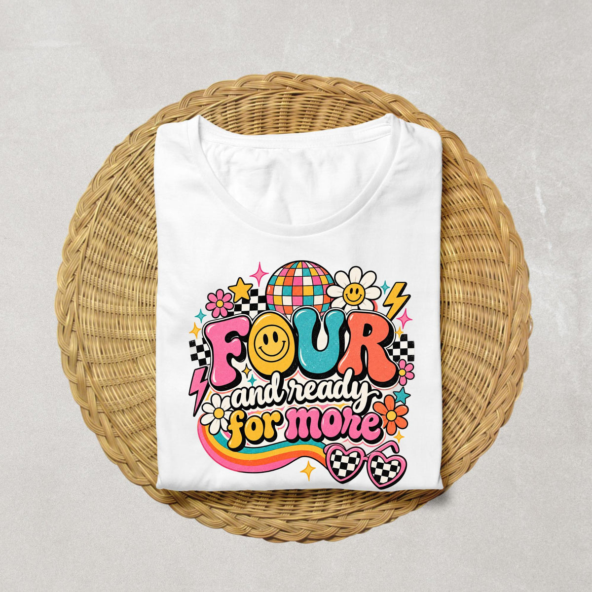 Four and Ready for More Shirt, 4th Birthday Girl Shirt, Retro Birthday Shirt, Groovy 4th Birthday Outfit, Four Birthday Girl Tee