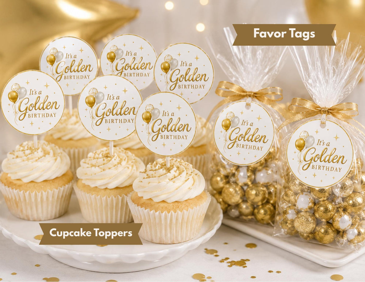Golden Birthday Cupcake Toppers & Favor Tags | It's a Golden Birthday Party Decorations | 12 Pack Cupcake Toppers | Matching Shirt Available
