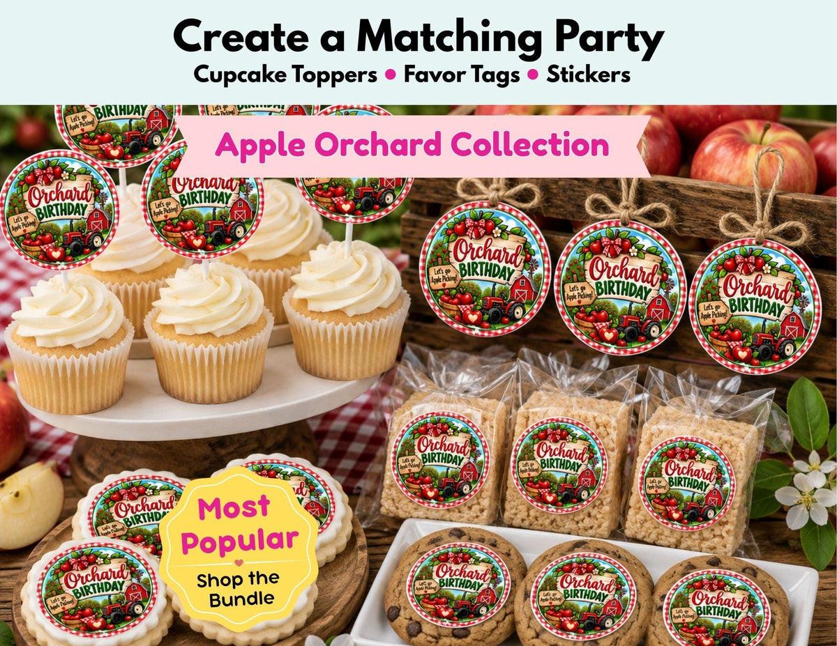 Apple Orchard Birthday Party Decorations, Apple Cupcake Toppers, Apple Birthday Stickers, Apple Picking Favor Tags, Fall Birthday