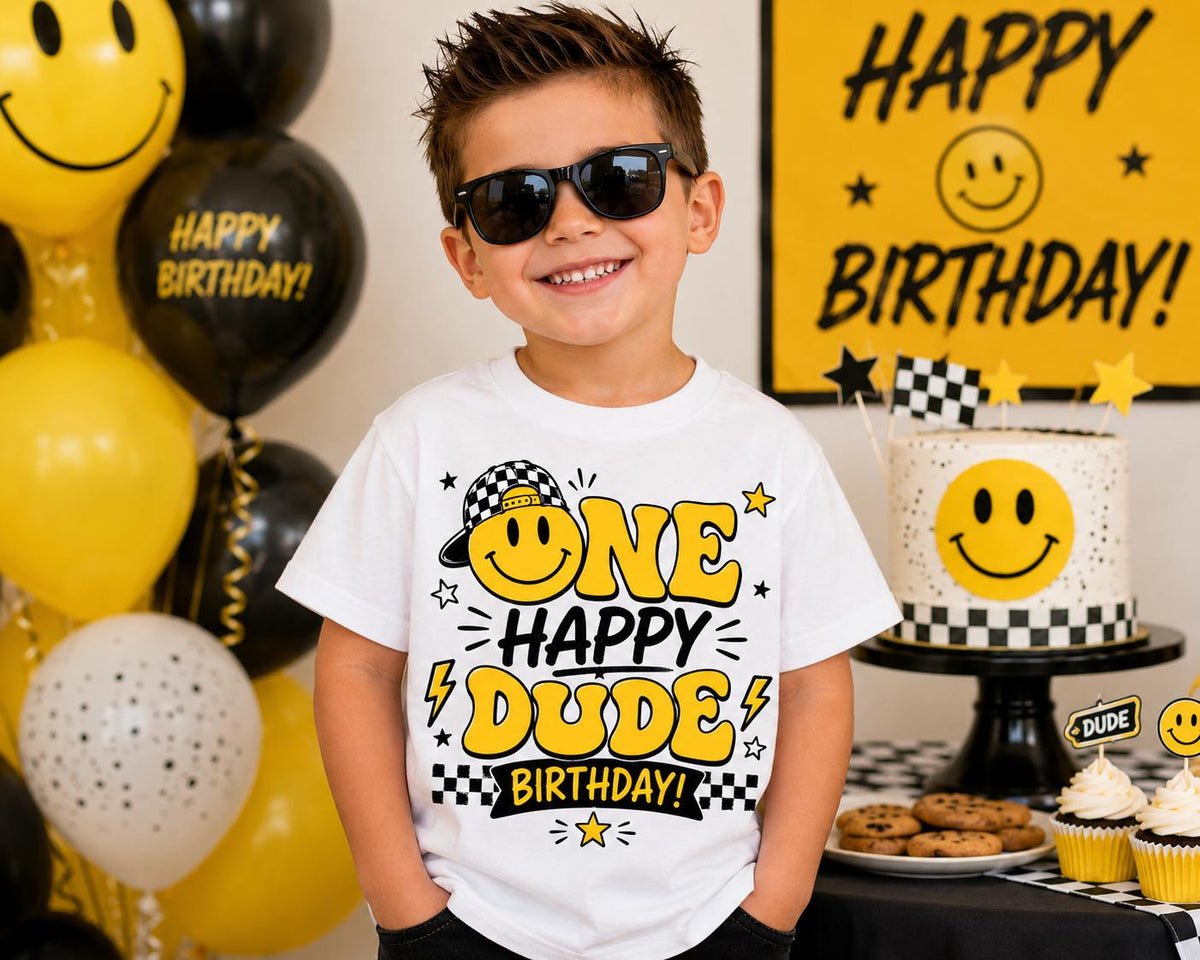 One Happy Dude Birthday Shirt | Retro Smiley Face First Birthday Shirt | Boy 1st Birthday Outfit | Yellow Smiley Birthday Tee | Cake Smash