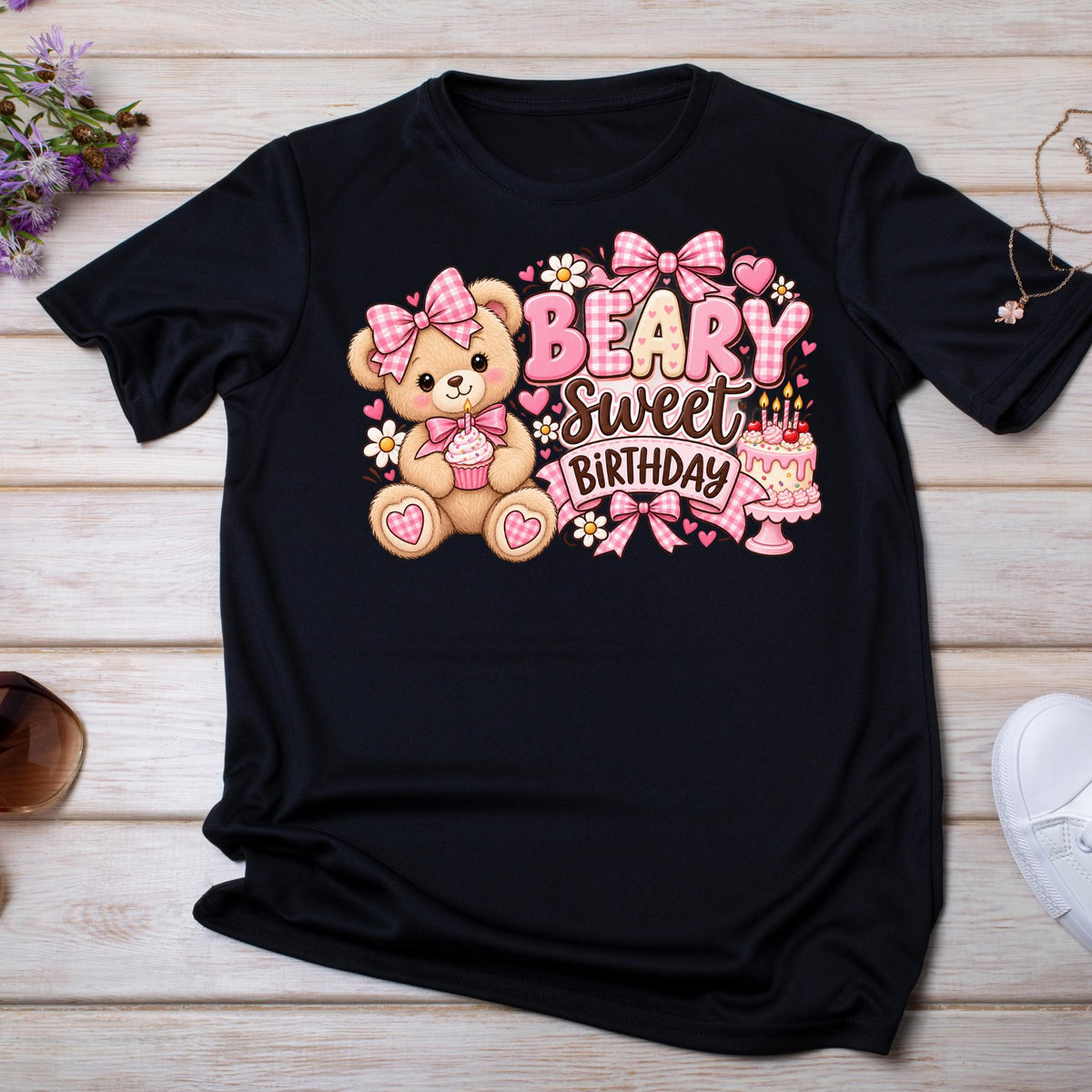 Teddy Bear Birthday Shirt, Beary Sweet Birthday Shirt, Girl Birthday Outfit, Pink Gingham Bear Party Tee, Teddy Bear Party Shirt