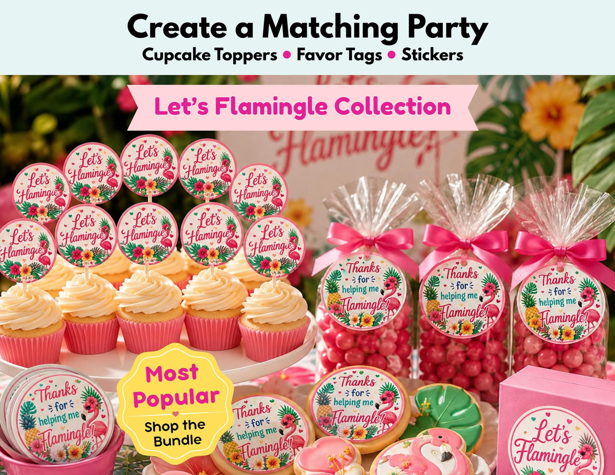 Let's Flamingle Cupcake Toppers, Favor Tags & Stickers | Flamingo Birthday Party Decor | Tropical Party Favors | Dessert Table Decorations