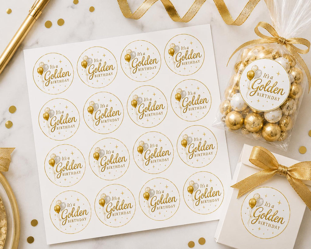 Golden Birthday Party Stickers | 16 Matching Favor Stickers | Treat Bag Labels | Matte or Glossy Finish