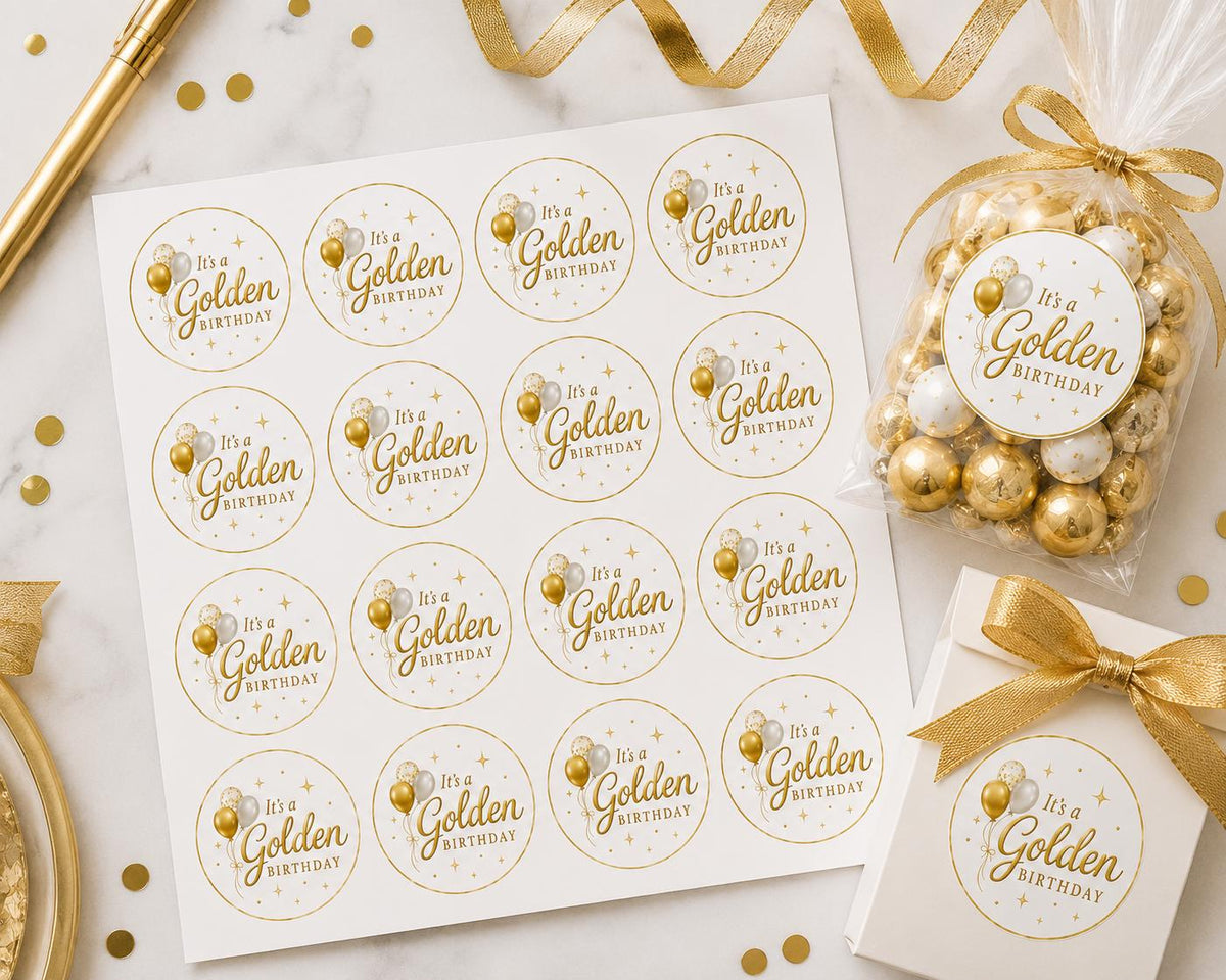 Golden Birthday Party Stickers | 16 Matching Favor Stickers | Treat Bag Labels | Matte or Glossy Finish